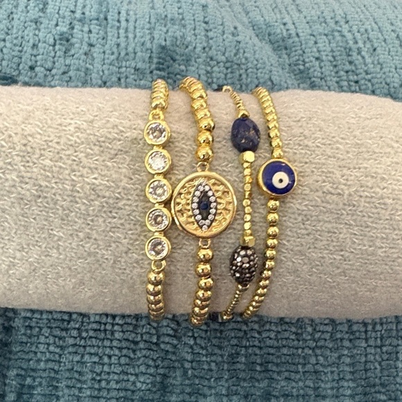 Jewelry - Gold and Blue Beaded Stretch Bracelet Set With Evil Eye Design